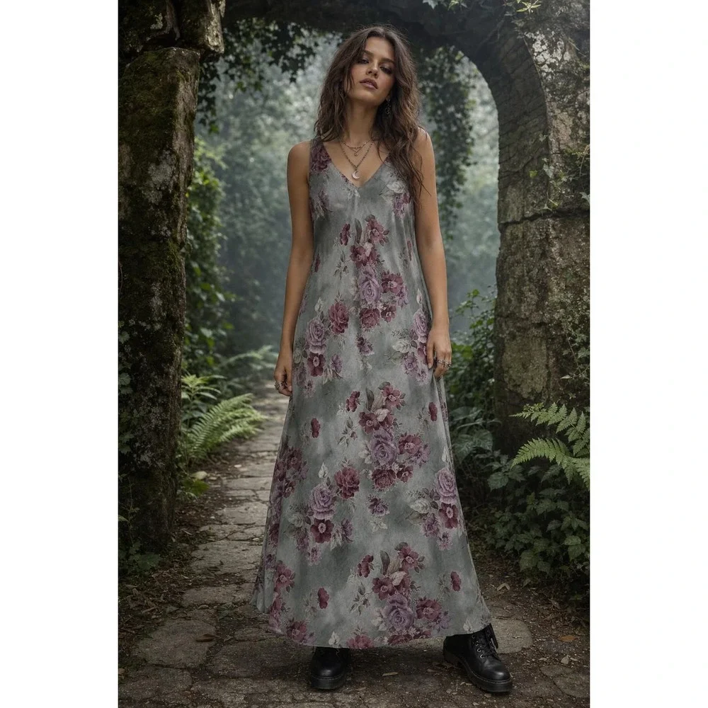 Miss Dorby Floral Maxi Dress Women's 18 Green Purple Y2K Fairy Grunge